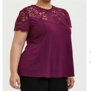 Torrid Burgundy Purple Studio Knit Lace Illusion Short Sleeve Top, Size 3 (GUC)